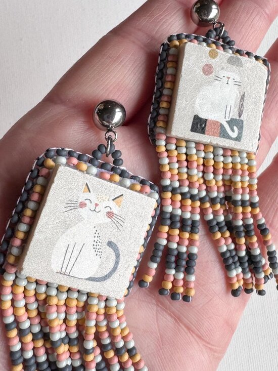 Handmade Ceramic Cat Fringe Earrings Beaded Statement Dangles - Picture 3 of 10